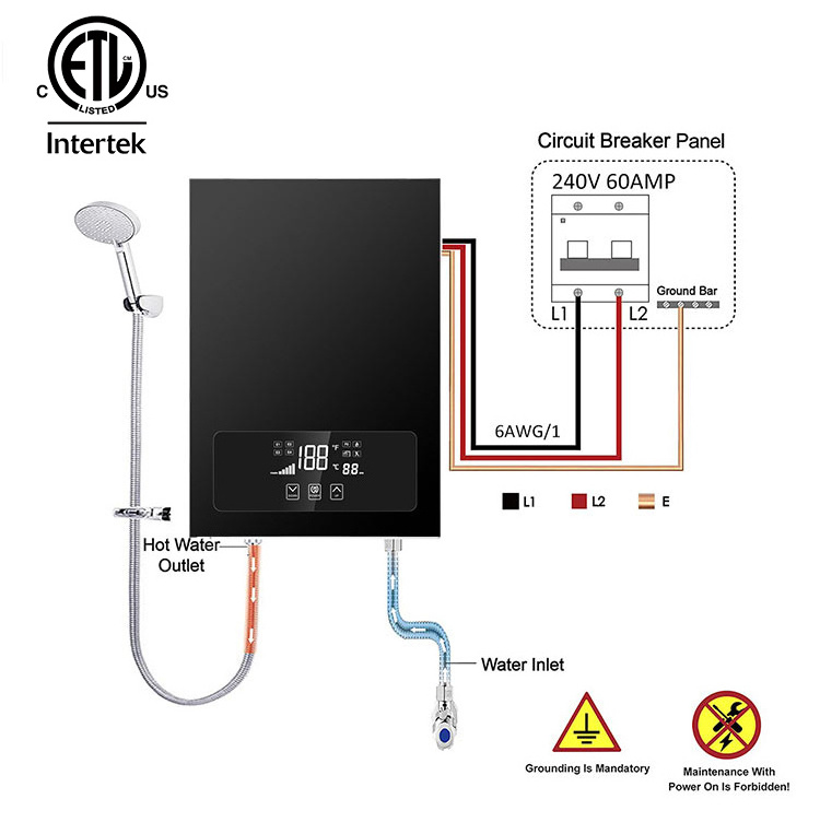 ETL CE CB 2.5kW-24kW Instant Unlimited Volume Electric Tankless Instant Water Heater for Bathroom