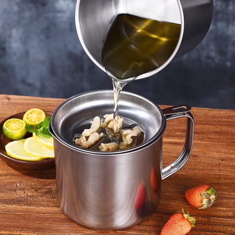 1.2l Stainless Steel Oil Strainer Pot Kettle Container With Filter Filtration Residue Household Oil Storage Tank Kitchen Tools