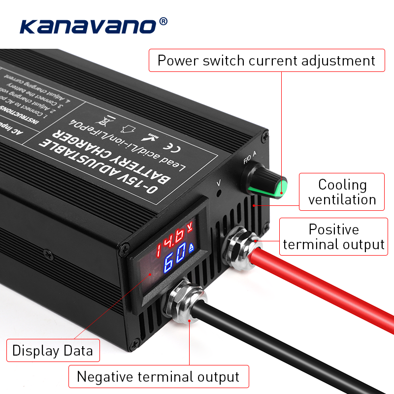 kanavano 12V 60A lithium battery  Charger 12.6V 14.6V 60A output  AC 100V-240V input battery charger for car