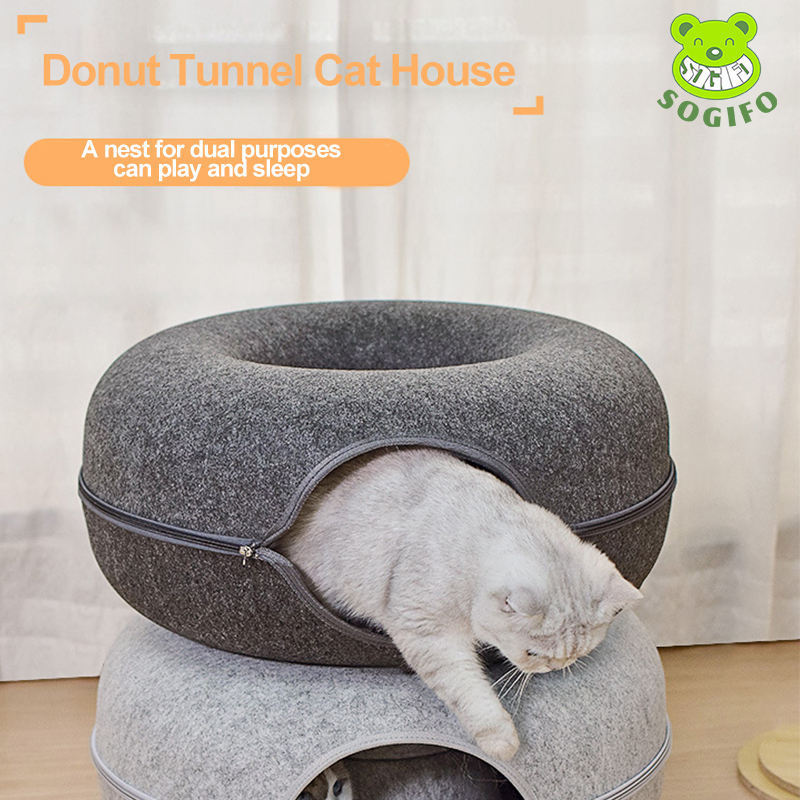 Wholesale Custom Large Donut Design Tunnel Pet Cat House Play Zipper Design Felt Cat Bed