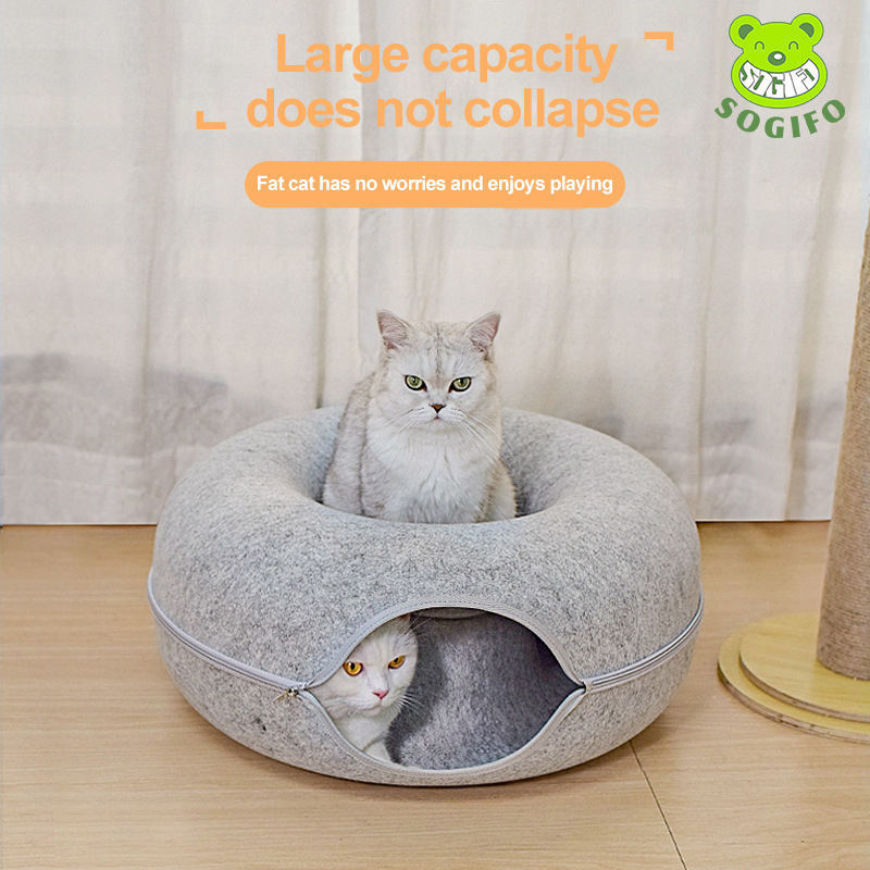 Wholesale Custom Large Donut Design Tunnel Pet Cat House Play Zipper Design Felt Cat Bed