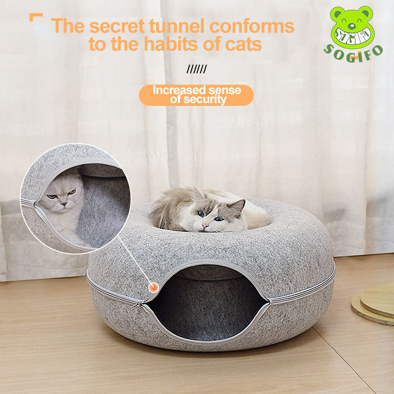 Wholesale Custom Large Donut Design Tunnel Pet Cat House Play Zipper Design Felt Cat Bed