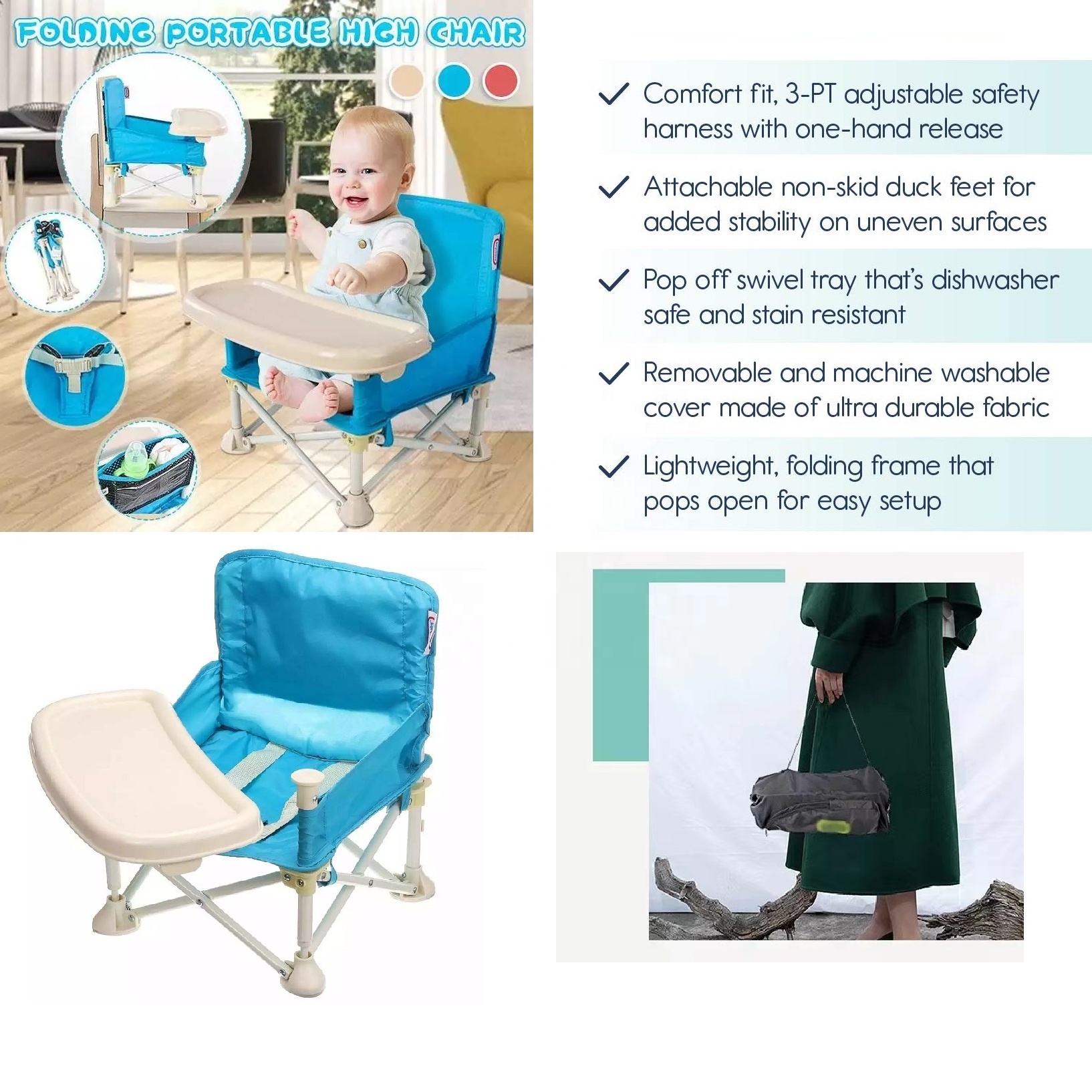 Foldable portable baby dining chair with plate safety harness kid beach chair camping child cozy feeding sofa seat chair outdoor