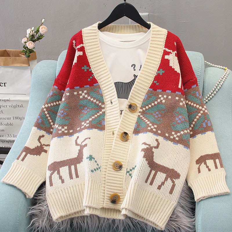 Custom new Christmas fawn sweater jacket women thick lazy loose retro knitted cardigan