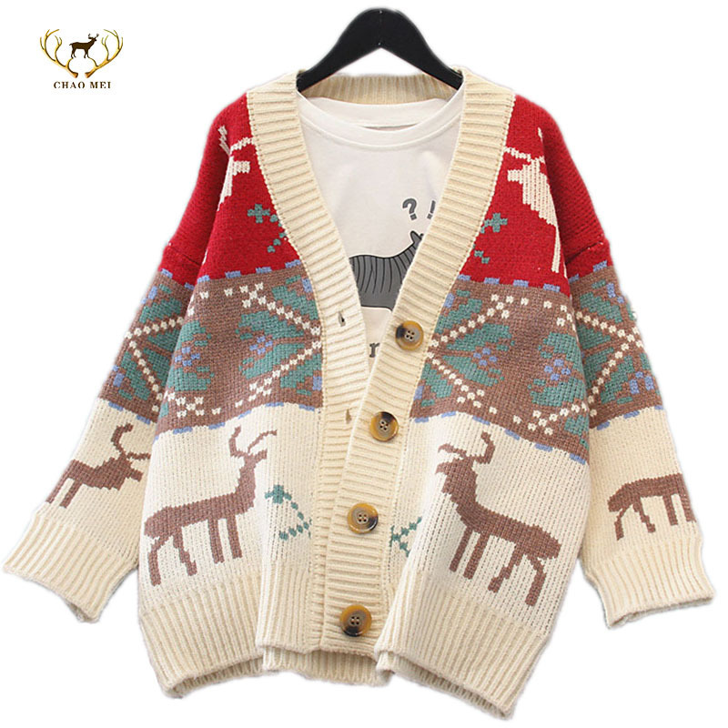 Custom new Christmas fawn sweater jacket women thick lazy loose retro knitted cardigan