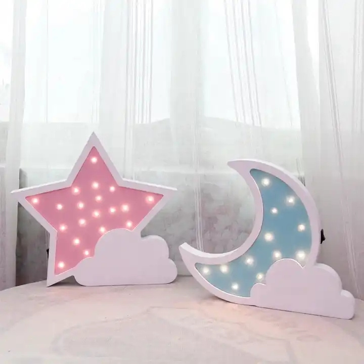 For Baby Kid Room Decoration Moon And Star Led Lights Hanging Wall Lamp Star Or Moon Fairy Lights Christmas Wood Base