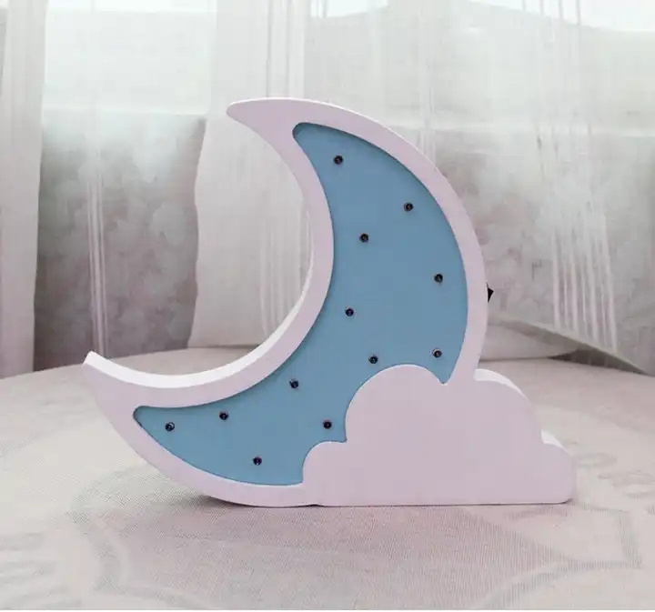 For Baby Kid Room Decoration Moon And Star Led Lights Hanging Wall Lamp Star Or Moon Fairy Lights Christmas Wood Base