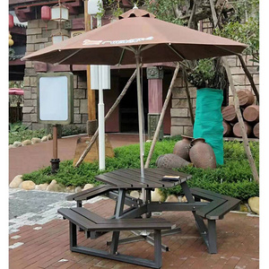 Metal Garden wooden tables and benches wood dining Picnic Table Outdoor and Chairs Set with Umbrella