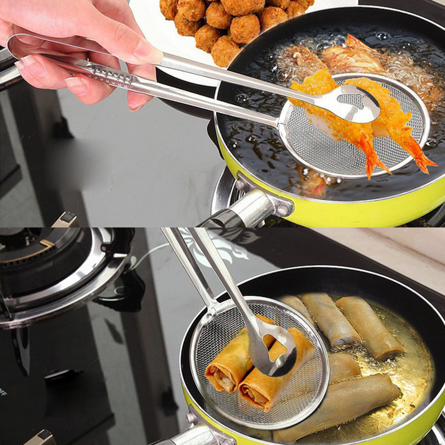 Factory Direct Kitchen Accessories Stainless Steel Deep Frying Tongs with Strainer Fry Kitchen Utensil Homeware