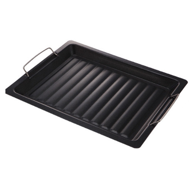 Baking Tray Frying Pan Rectangle Non-Stick Grill Plate Cookware BBQ Tray Outdoor Charcoal Barbecue Plate Dish With Wire Handle