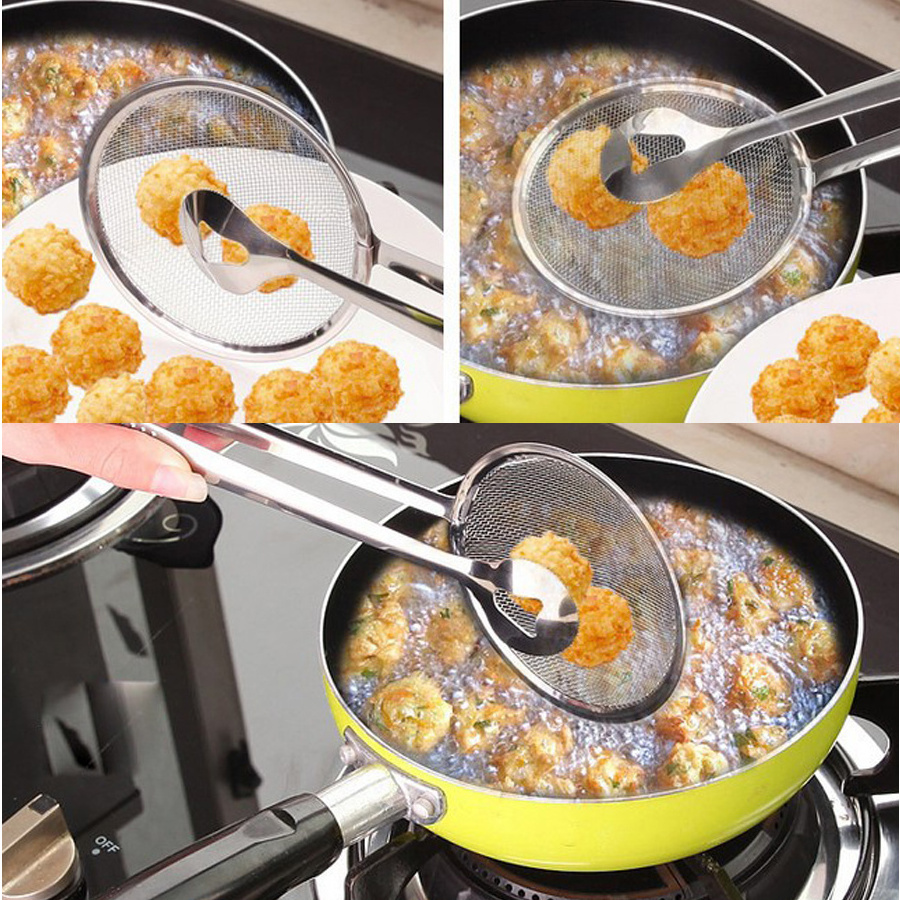 Factory Direct Kitchen Accessories Stainless Steel Deep Frying Tongs with Strainer Fry Kitchen Utensil Homeware