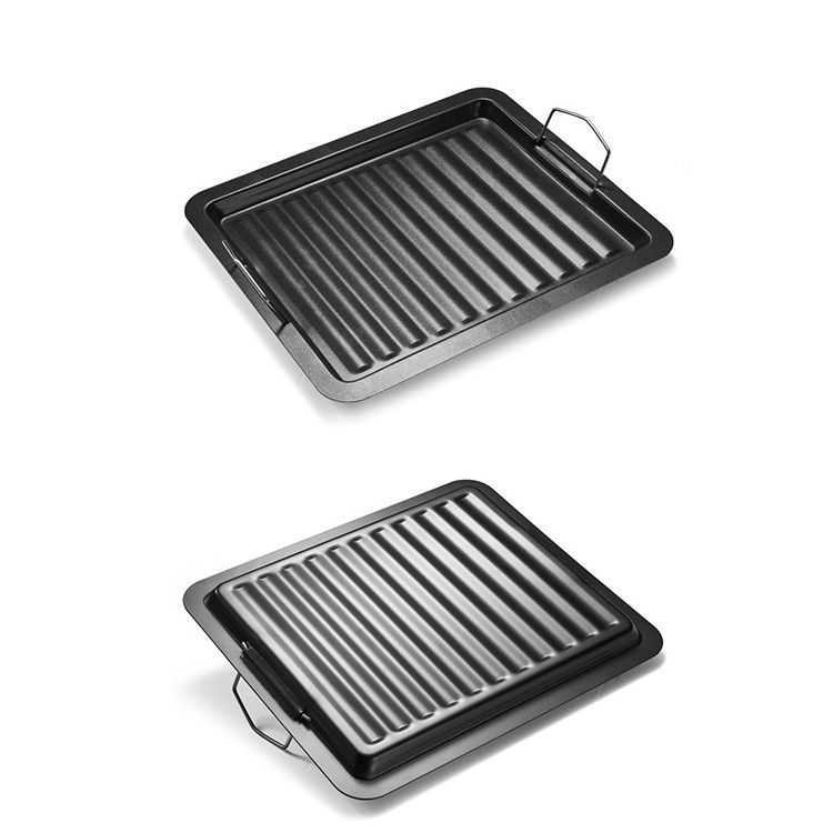 Baking Tray Frying Pan Rectangle Non-Stick Grill Plate Cookware BBQ Tray Outdoor Charcoal Barbecue Plate Dish With Wire Handle