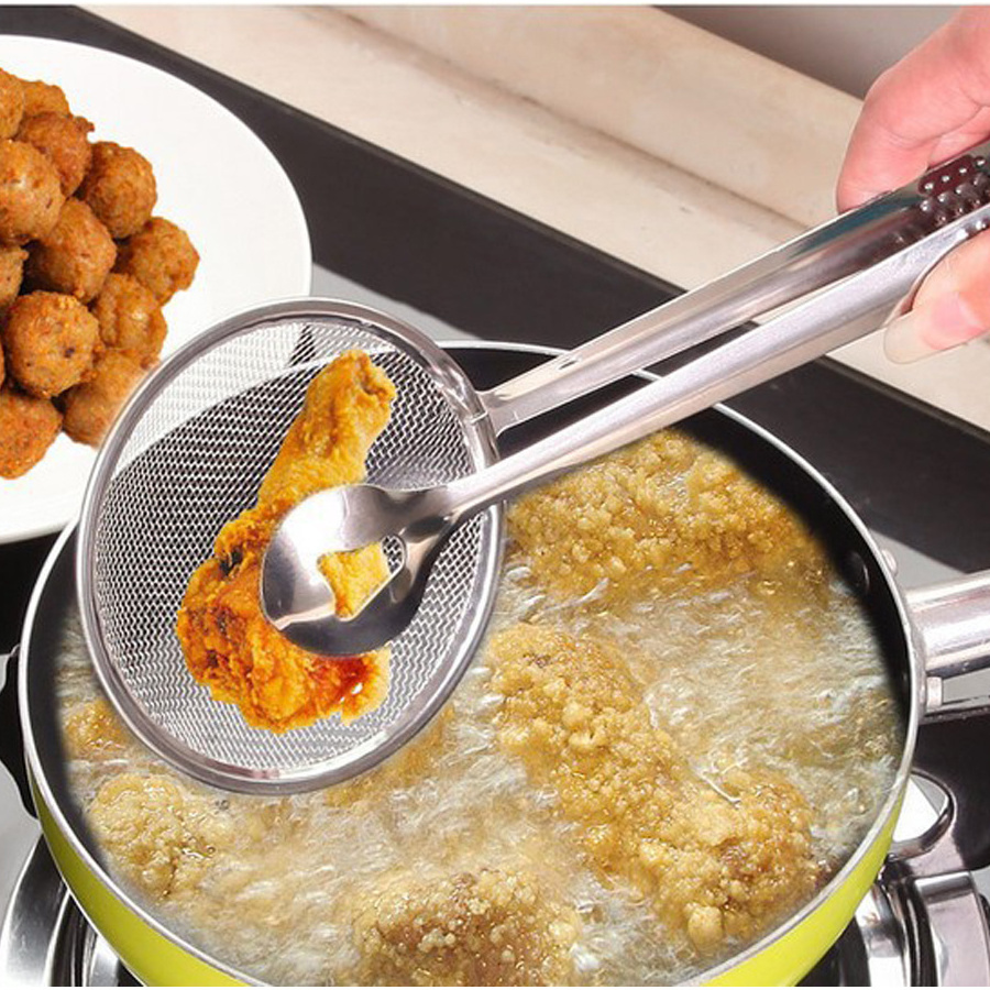 Factory Direct Kitchen Accessories Stainless Steel Deep Frying Tongs with Strainer Fry Kitchen Utensil Homeware