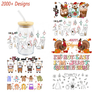 MIYA 2000+ Designs Christmas UV DTF 16oz Glass Cup Wrap, Pink Christmas Tree And Reindeer DIY Sticker For Ice Coffee Glass Cup