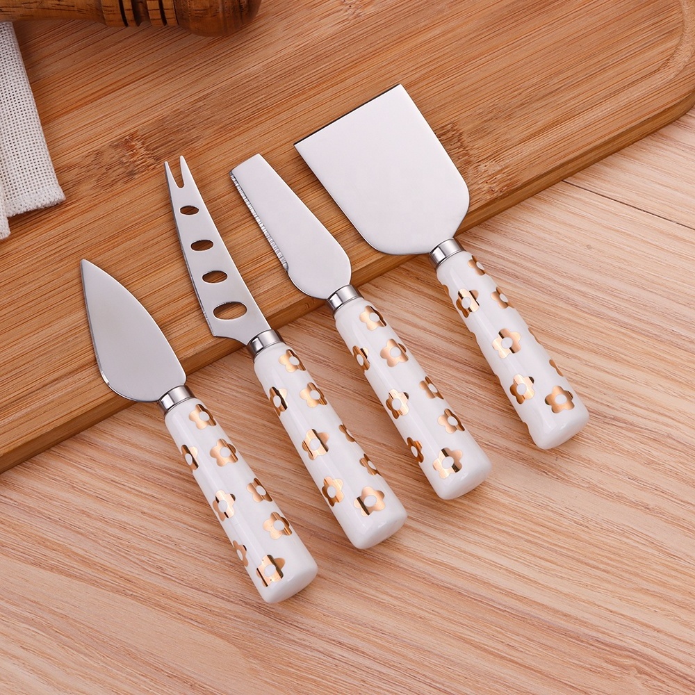 Cheese Knives With Porcelain Handle Set of 4 Pieces Cheese Cutting Knife Hard Cheese Knives Slicer Cutter Fork Spreaders