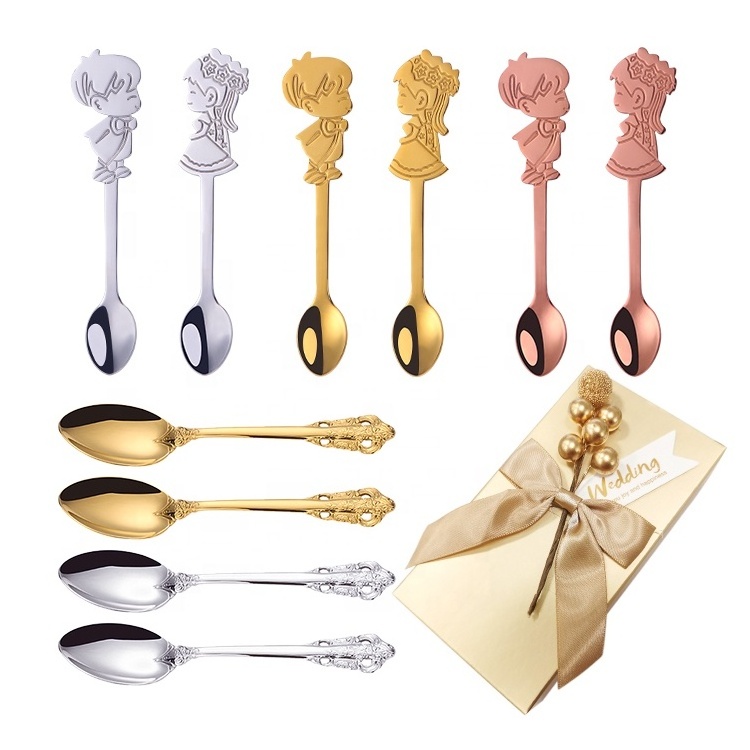 Couple Set Cutlery Box Spoon Gold Coffee Tea Weeding Stainless Steel Metal Favors Return Door Wedding Gifts For Guests Souvenirs