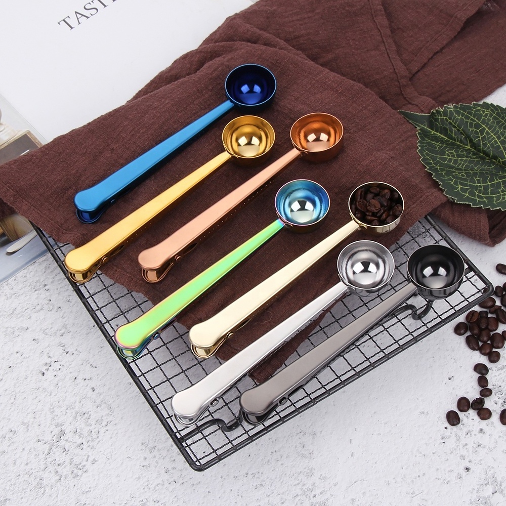 customized  stainless steel 15ml coffee scoop tools and bag clip multi-colored measuring spoon coffee bean scoop with gift box