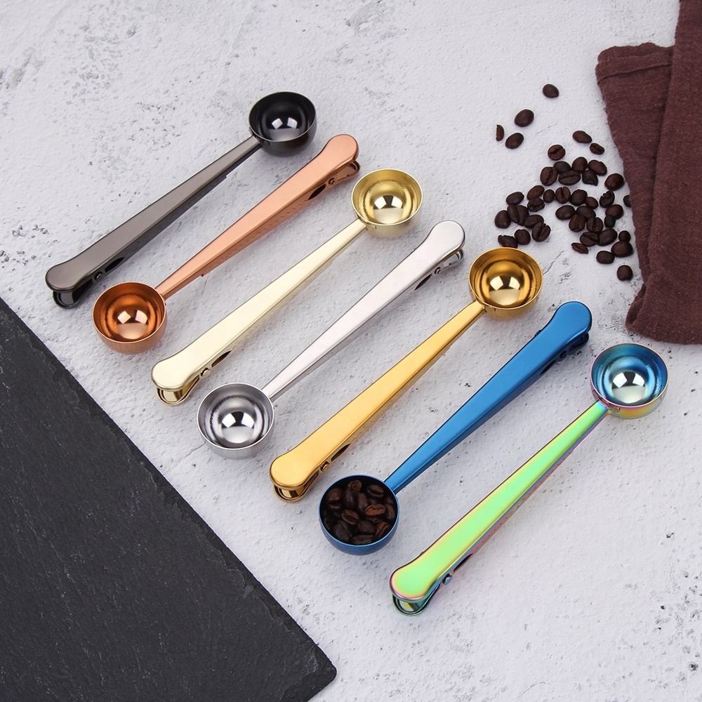 customized  stainless steel 15ml coffee scoop tools and bag clip multi-colored measuring spoon coffee bean scoop with gift box