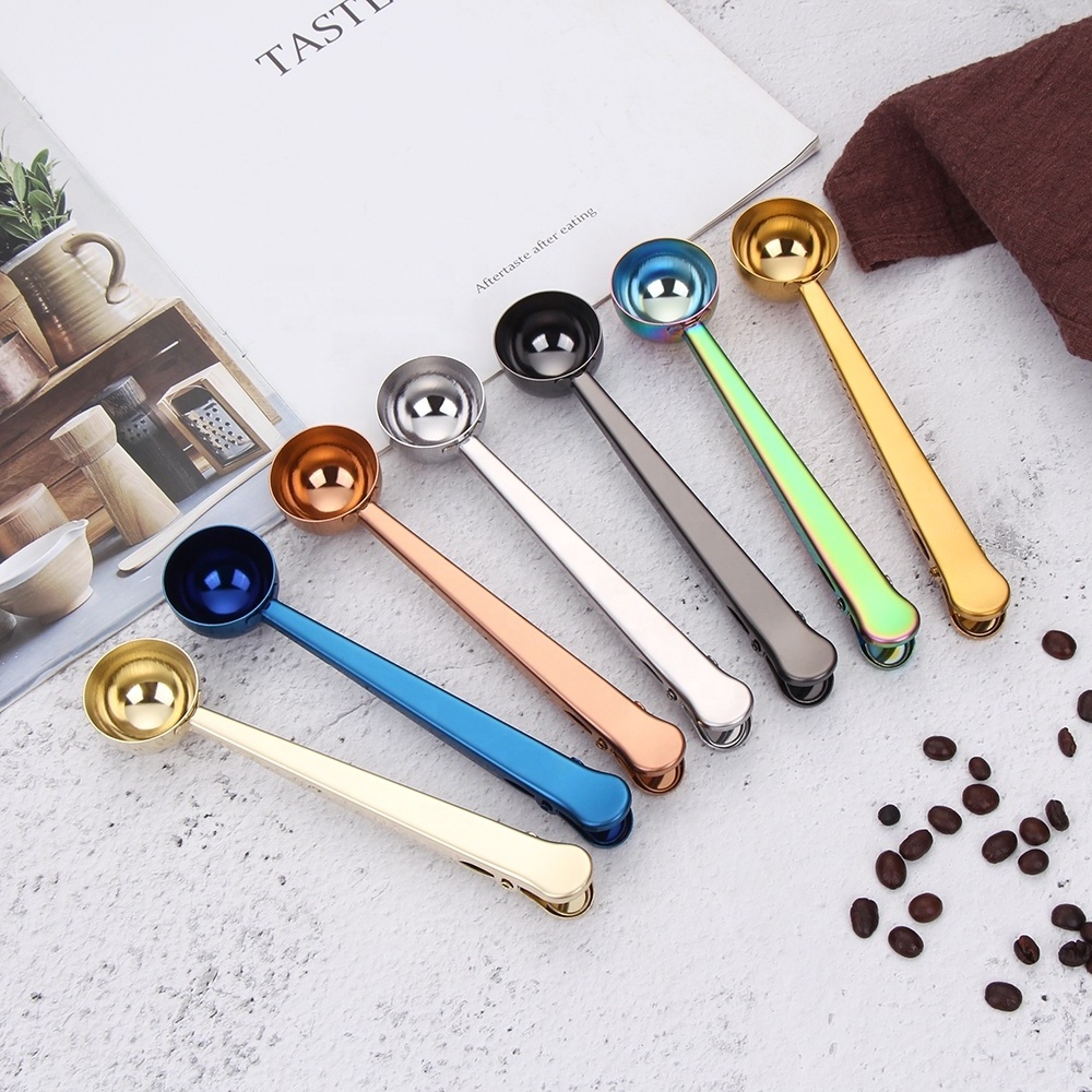 customized  stainless steel 15ml coffee scoop tools and bag clip multi-colored measuring spoon coffee bean scoop with gift box