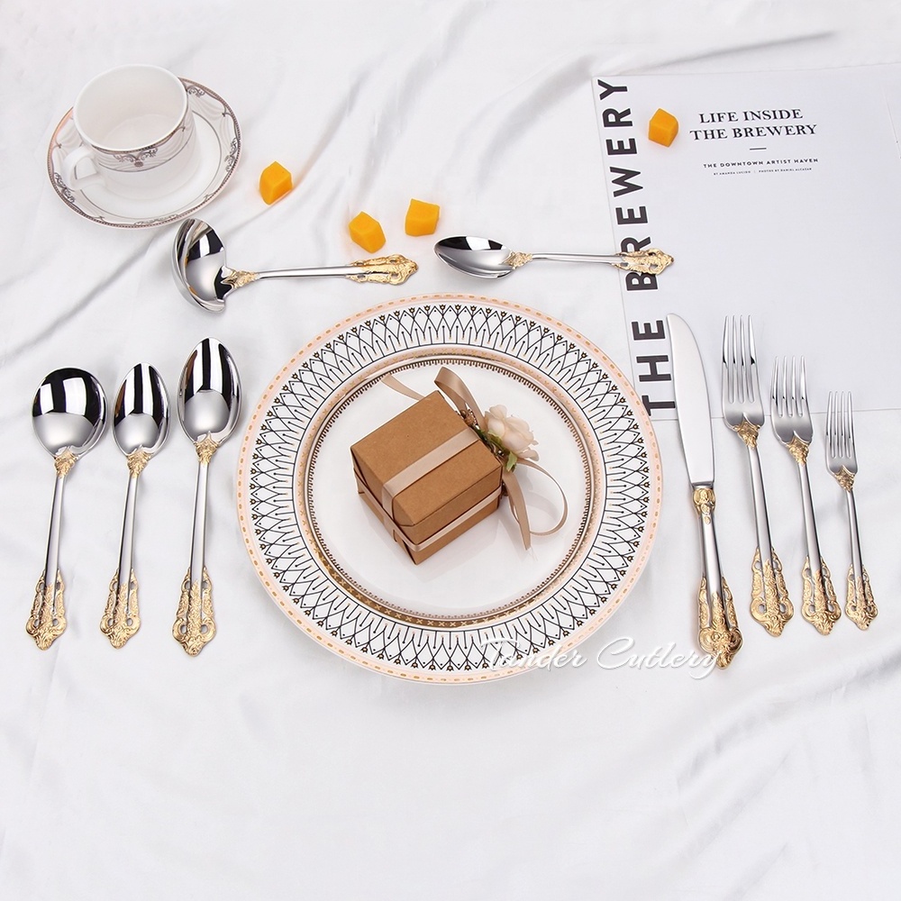 Gorgeous 18/10 Stainless Steel Flatware Set Silver Plated With Gold Accents Elegant Baroque Pattern Cutlery Set