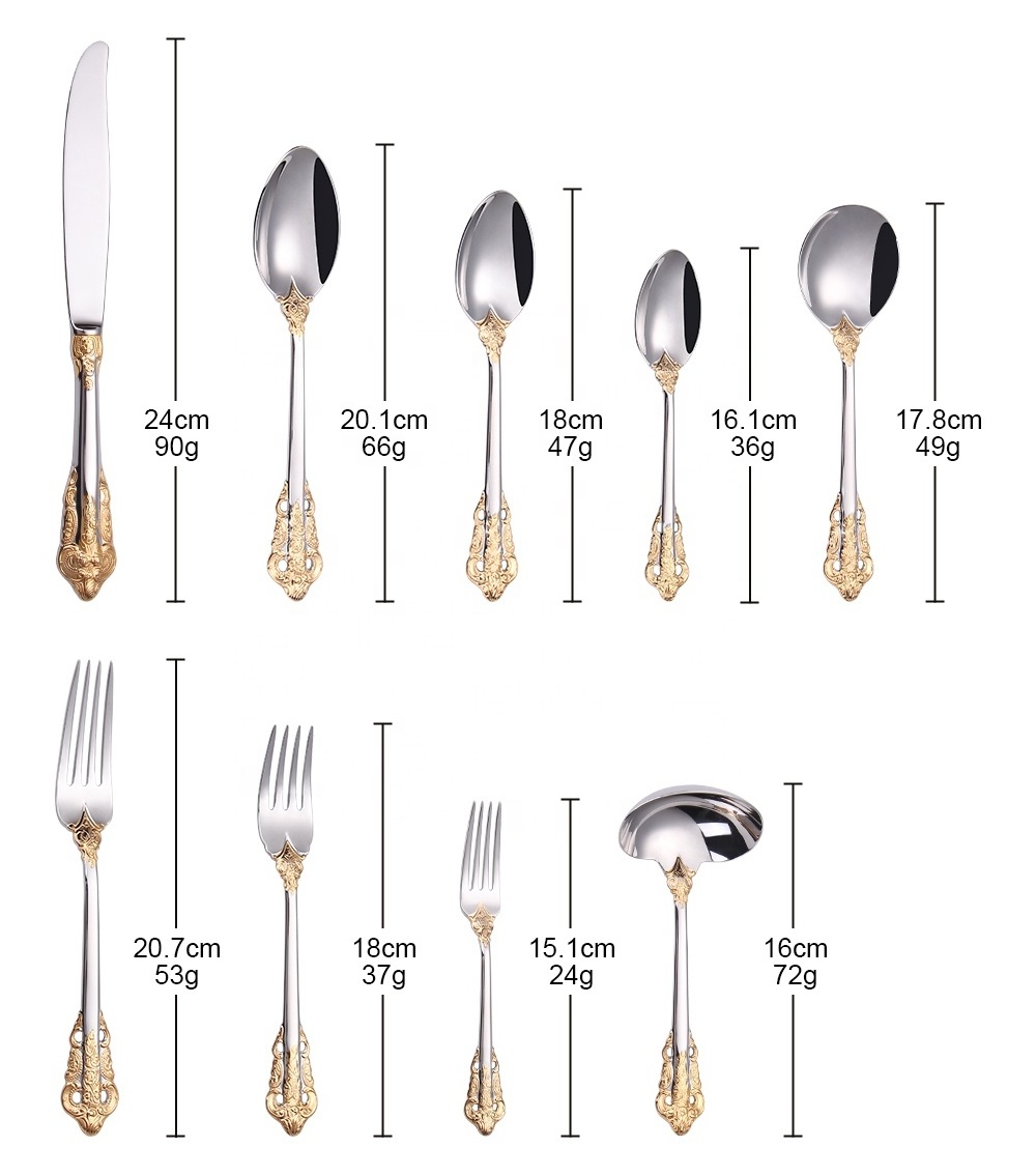 Gorgeous 18/10 Stainless Steel Flatware Set Silver Plated With Gold Accents Elegant Baroque Pattern Cutlery Set