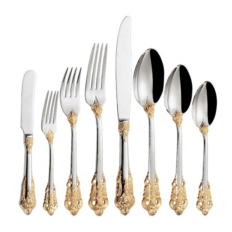 Gorgeous 18/10 Stainless Steel Flatware Set Silver Plated With Gold Accents Elegant Baroque Pattern Cutlery Set