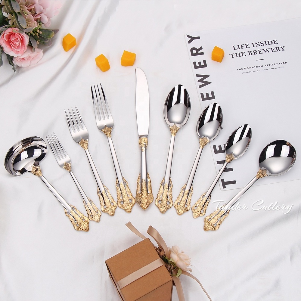 Gorgeous 18/10 Stainless Steel Flatware Set Silver Plated With Gold Accents Elegant Baroque Pattern Cutlery Set