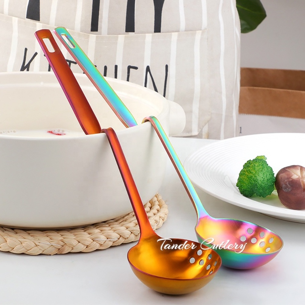 PVD Coating Stainless Steel Colander Skimmer Spoon Hanging Soup Ladle With Unique Curved Handle Soup Spoon For Hot pot with Box