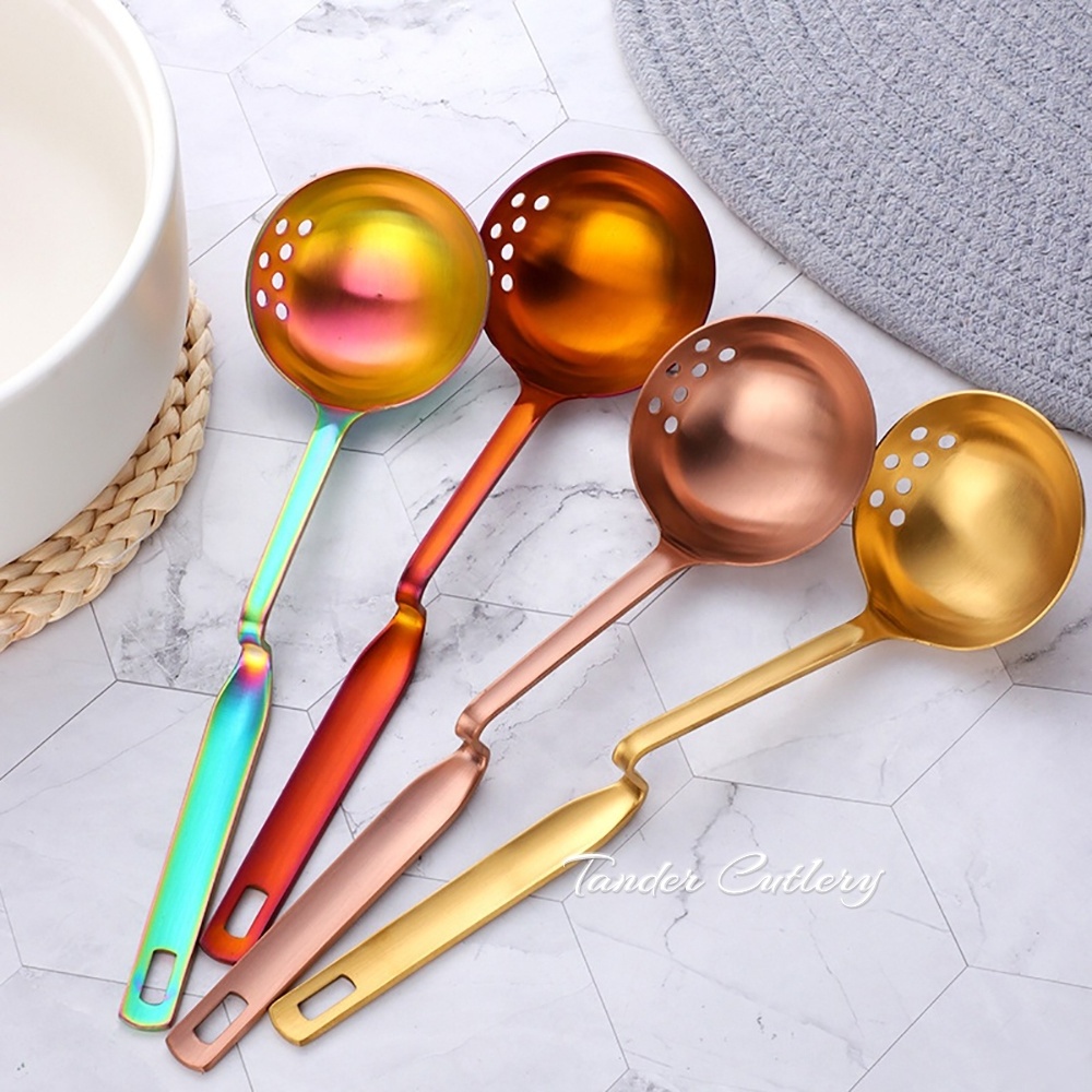 PVD Coating Stainless Steel Colander Skimmer Spoon Hanging Soup Ladle With Unique Curved Handle Soup Spoon For Hot pot with Box