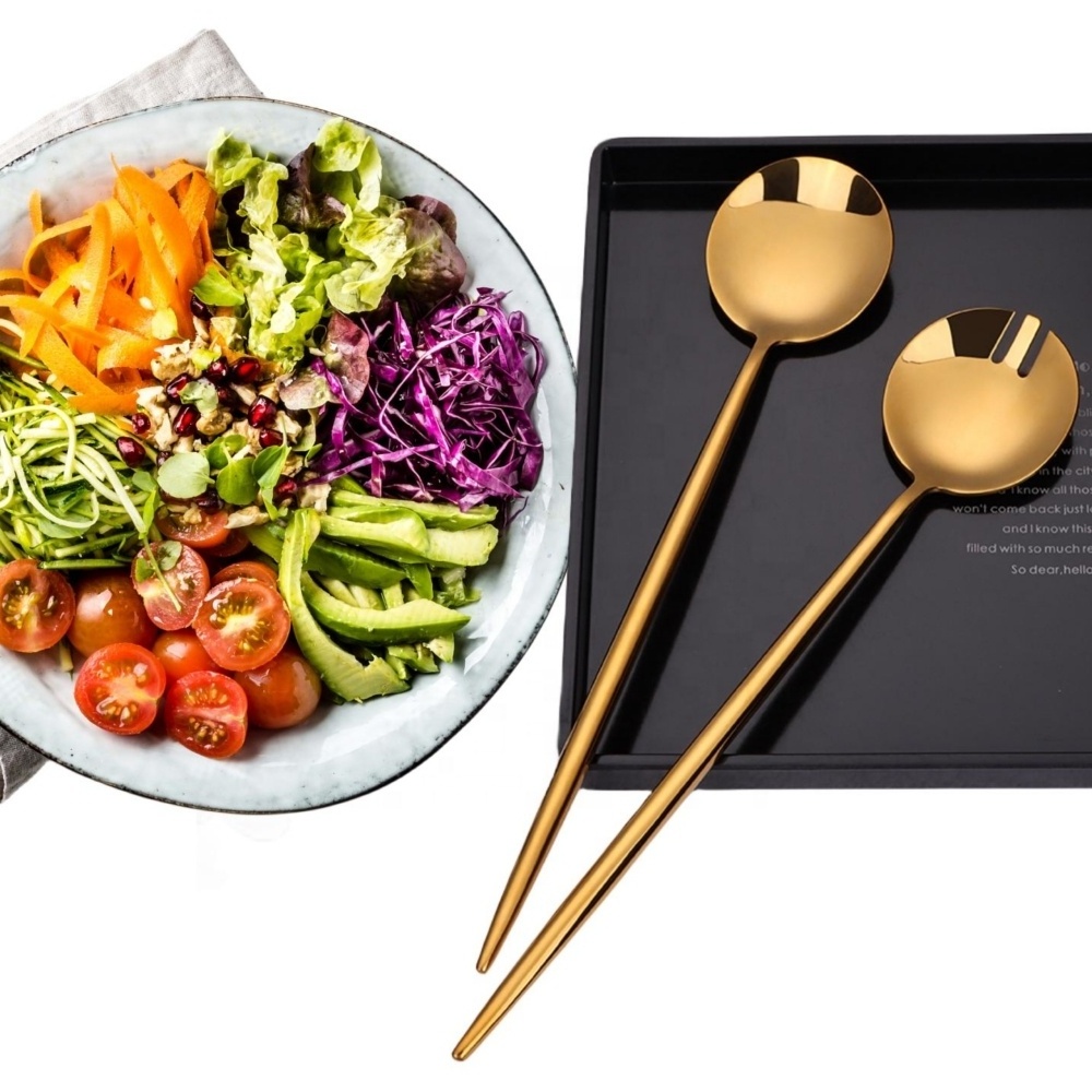 mirror gold 11.50 inch long handle salad serving spoon and fork big salad mixing dinner fork and spoon 18/10 stainless steel