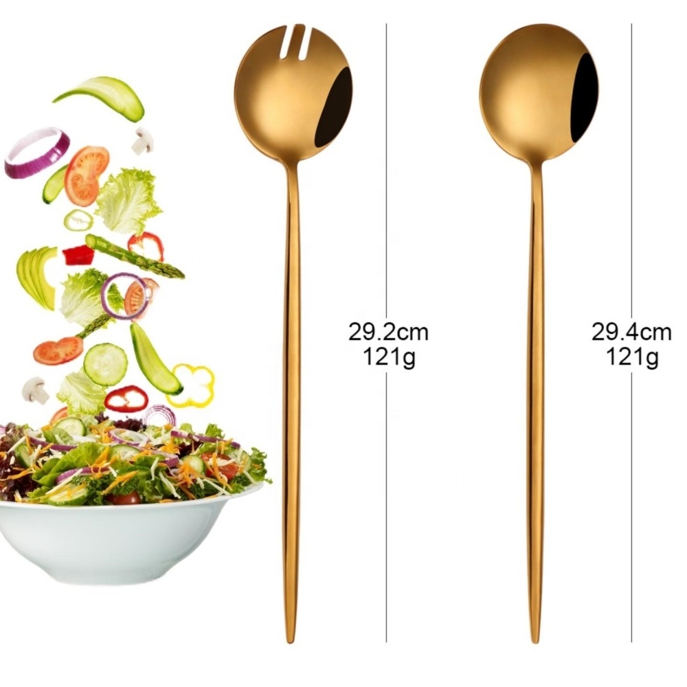 mirror gold 11.50 inch long handle salad serving spoon and fork big salad mixing dinner fork and spoon 18/10 stainless steel