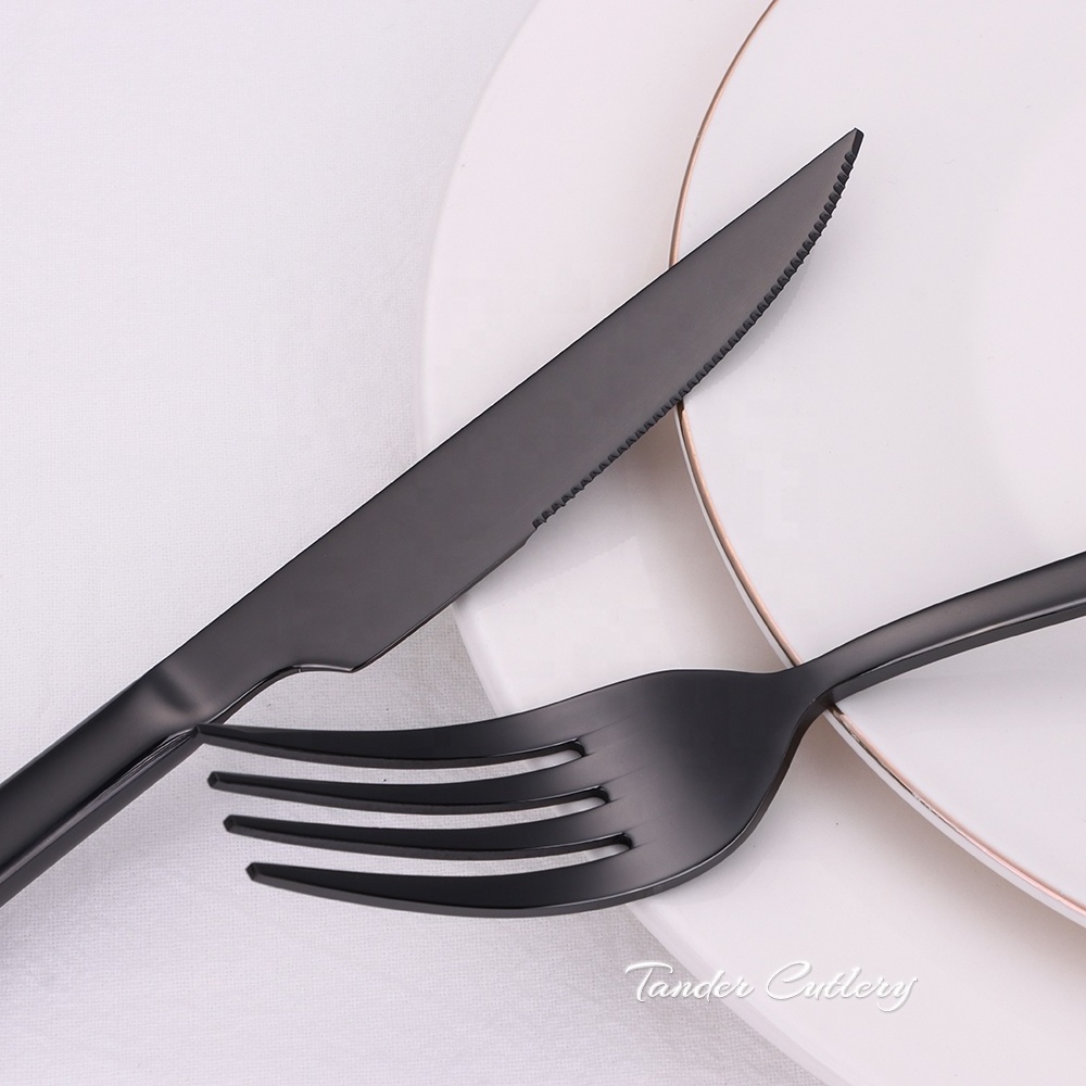 matte black cutlery customize logo stainless steel 18-10 mirror black flatware set  dishwasher safe black knife fork spoon