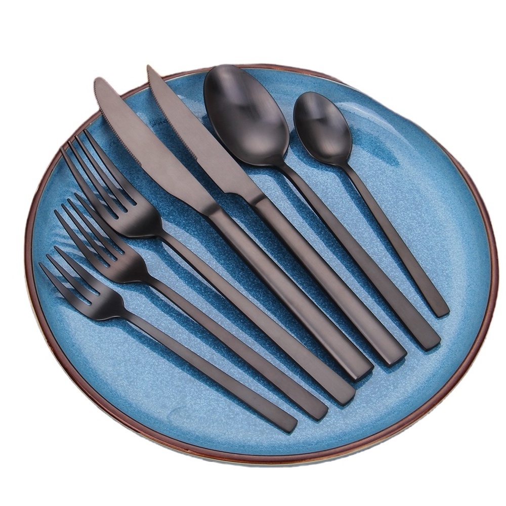 matte black cutlery customize logo stainless steel 18-10 mirror black flatware set  dishwasher safe black knife fork spoon