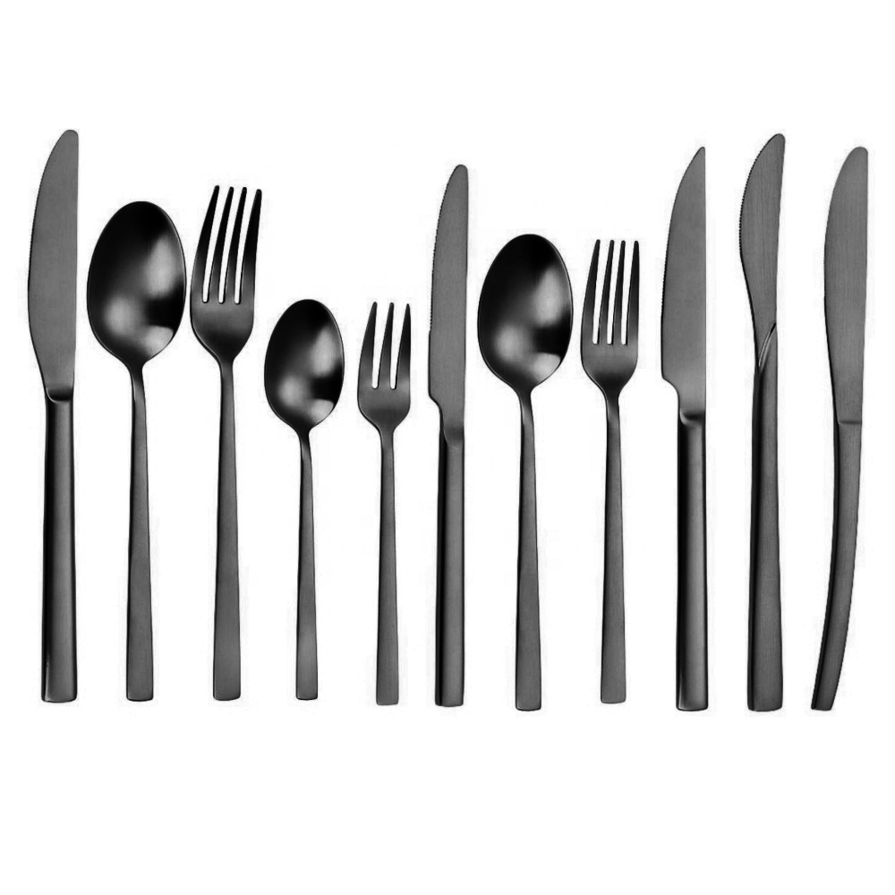 matte black cutlery customize logo stainless steel 18-10 mirror black flatware set  dishwasher safe black knife fork spoon