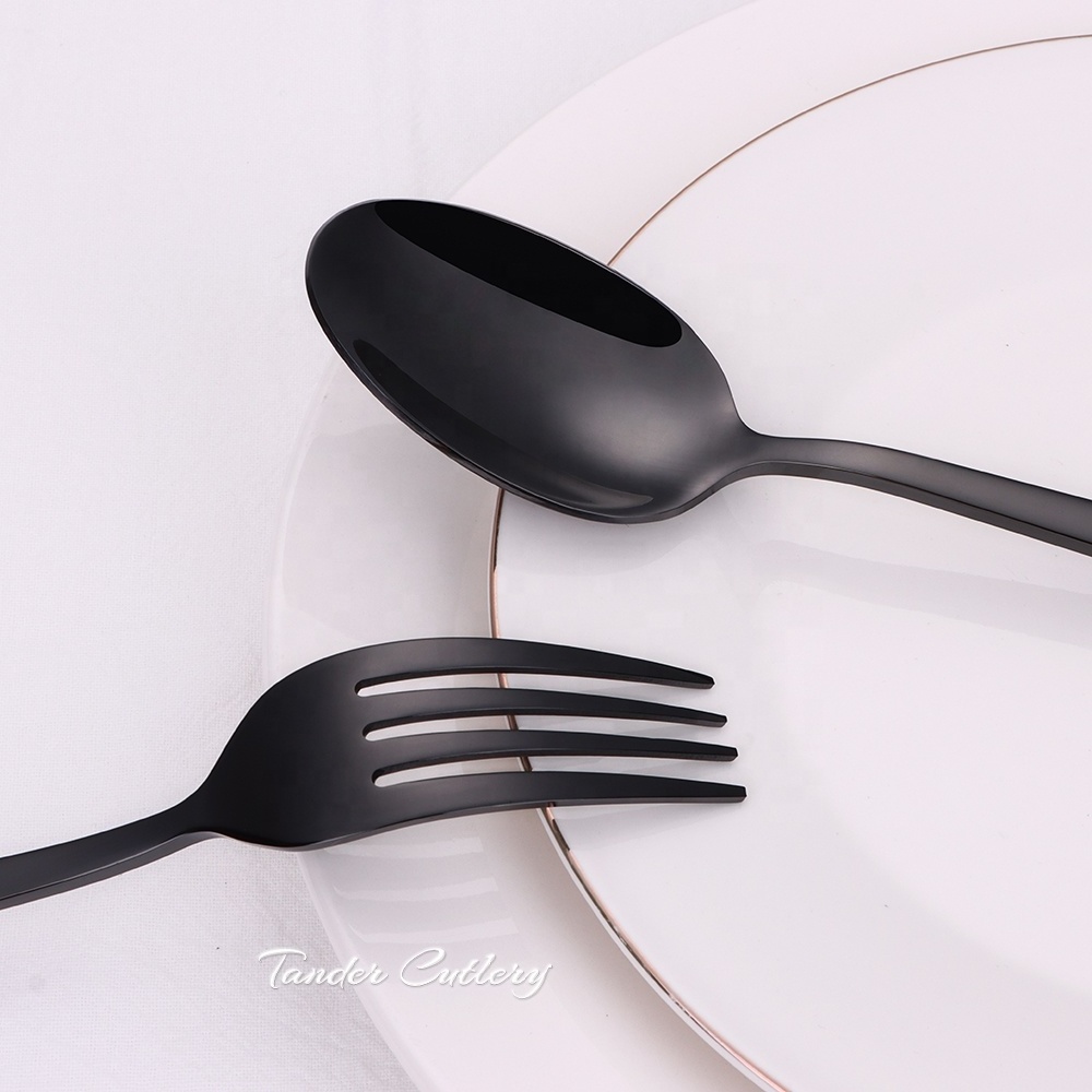 matte black cutlery customize logo stainless steel 18-10 mirror black flatware set  dishwasher safe black knife fork spoon