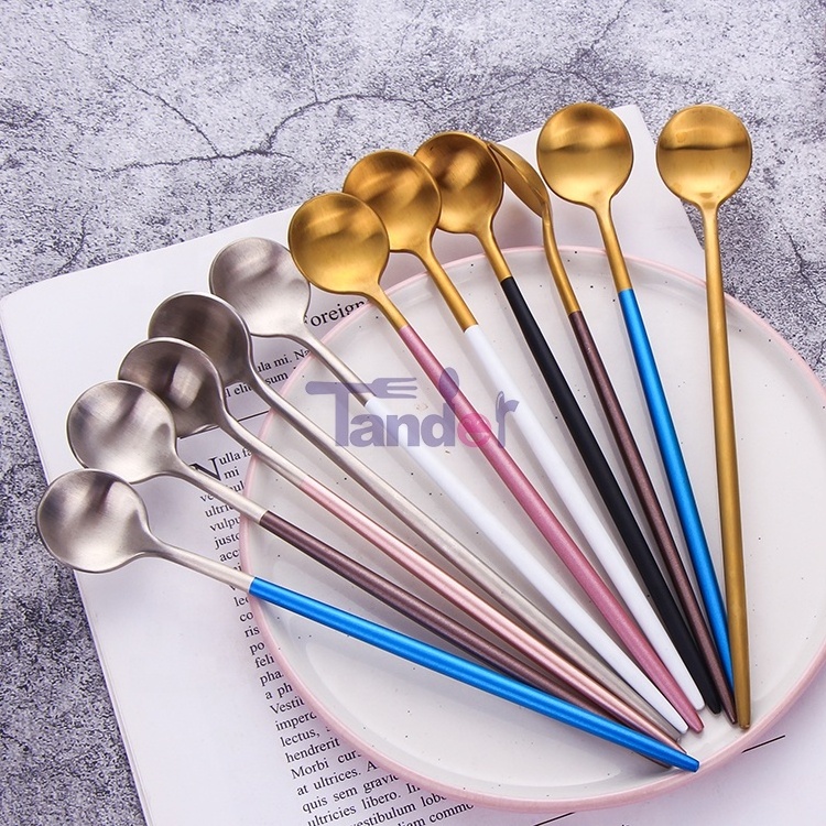 Round Shape 18-10  Pvd Coating Multiple Colour Gold Long Handle Tea Spoon Stainless Steel Ice Mixing Honey Spoon