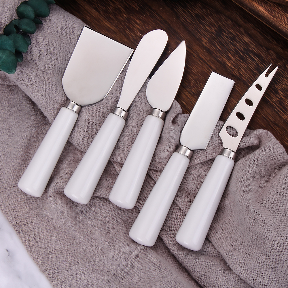 premium stainless steel 6 piece cheese knife set with porcelain  wholesale cheese knives set butter spreader knife cheese fork