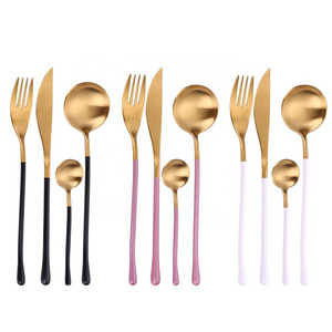 New Design Gold Coating Light Bright Spoon Cutlery Portuguese Style Stainless Steel Fork Spoon 4pcs Set Reusable Flatware