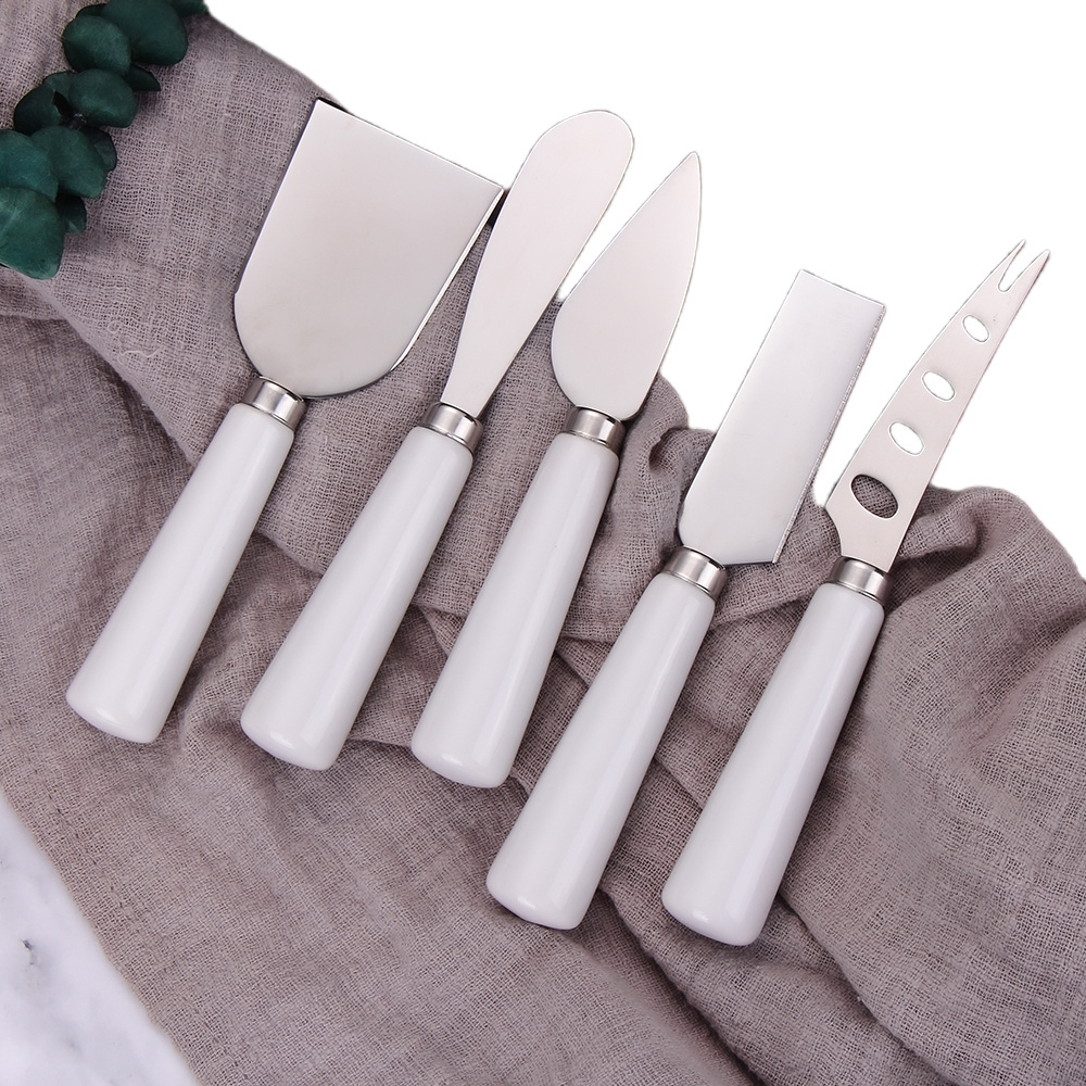 premium stainless steel 6 piece cheese knife set with porcelain  wholesale cheese knives set butter spreader knife cheese fork