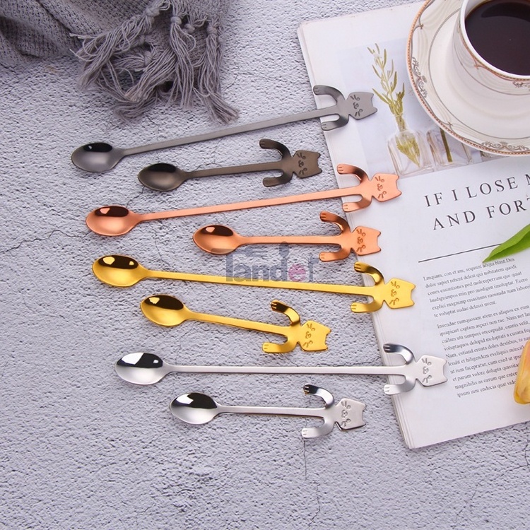 Cat Spoon Coffee Tea Spoon Set Stainless Steel Hanging Cup Teaspoons Mini Long Cute Kitten Stirring Dessert Spoon