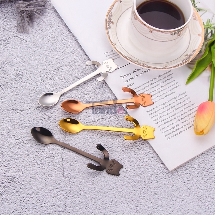 Cat Spoon Coffee Tea Spoon Set Stainless Steel Hanging Cup Teaspoons Mini Long Cute Kitten Stirring Dessert Spoon