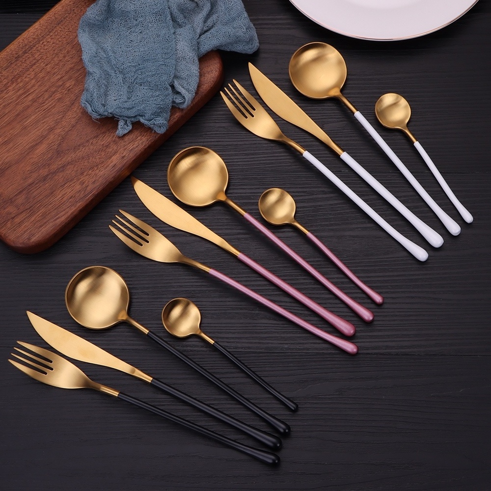 New Design Gold Coating Light Bright Spoon Cutlery Portuguese Style Stainless Steel Fork Spoon 4pcs Set Reusable Flatware