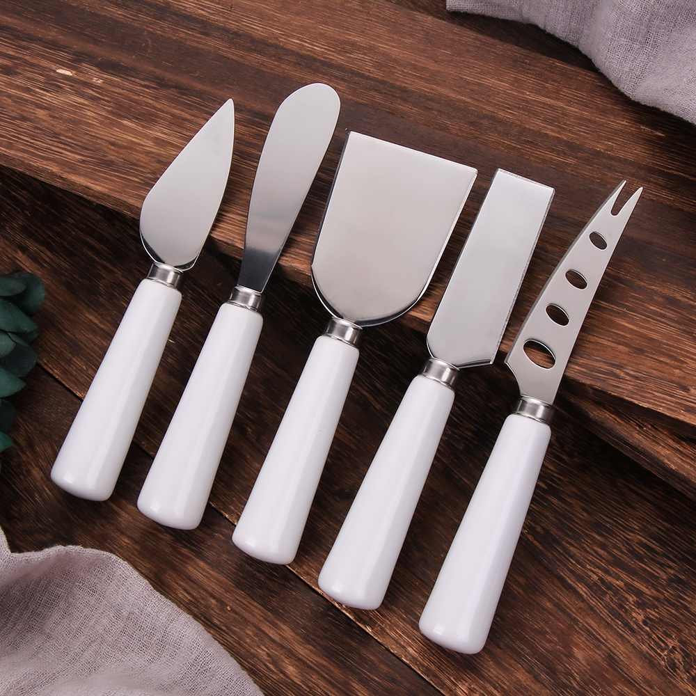 premium stainless steel 6 piece cheese knife set with porcelain  wholesale cheese knives set butter spreader knife cheese fork