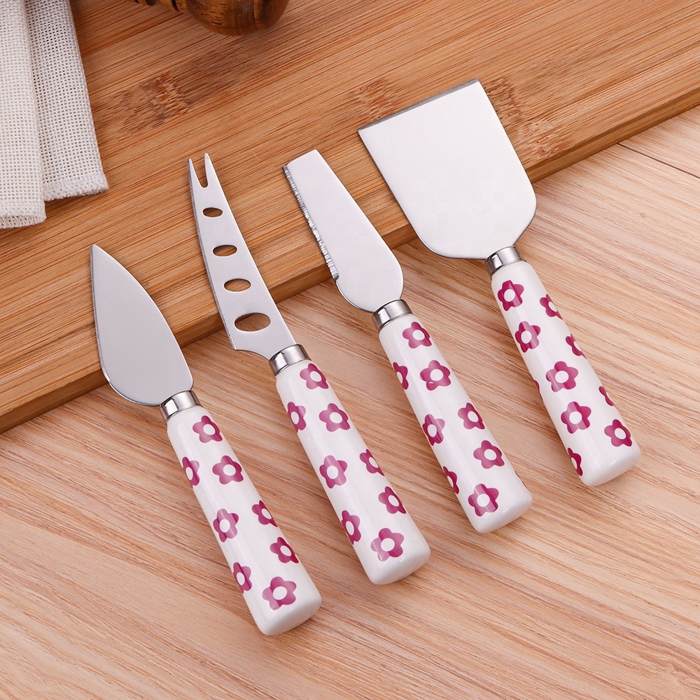 Cheese Knives With Porcelain Handle Set of 4 Pieces Cheese Cutting Knife Hard Cheese Knives Slicer Cutter Fork Spreaders