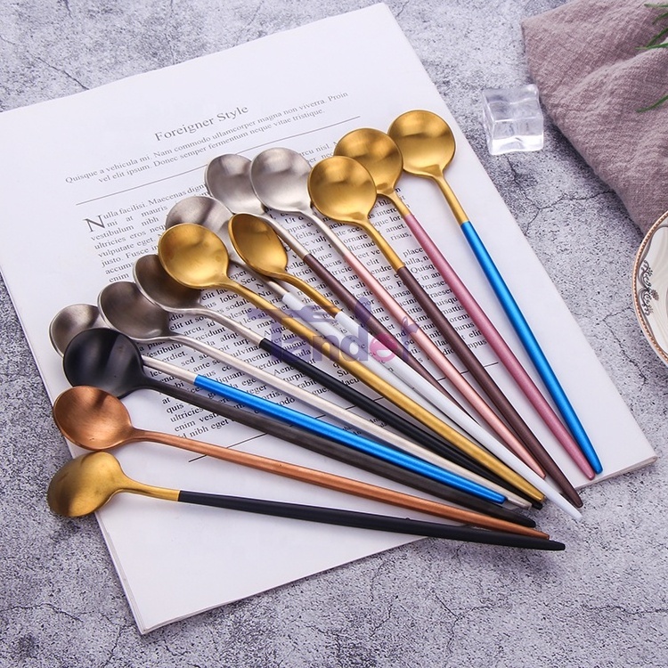 Round Shape 18-10  Pvd Coating Multiple Colour Gold Long Handle Tea Spoon Stainless Steel Ice Mixing Honey Spoon