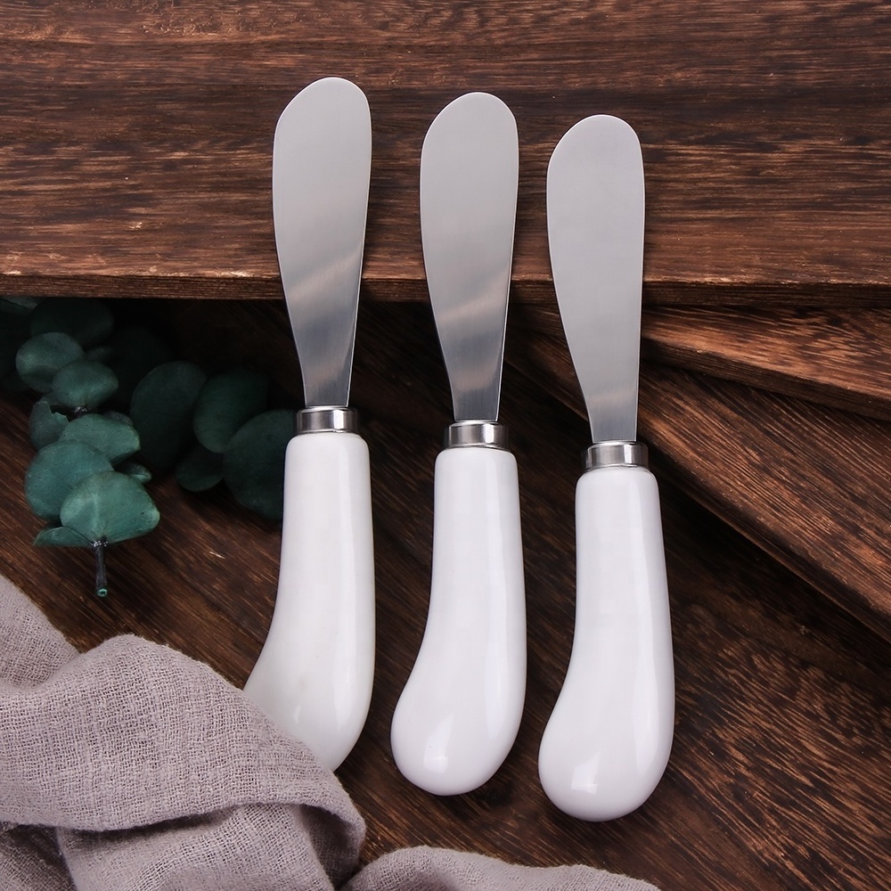 set of  4 stainless steel butter spreader with porcelain handle cheese bread butter knife spread cookie butter spread spatula