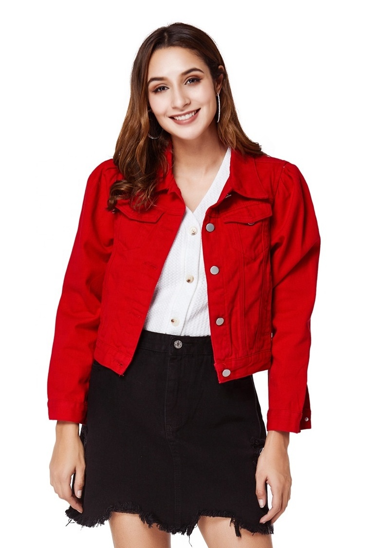 WH024  ODM OEM fashion lady jean jacket long sleeve women  denim jacket outwear coat red colored denim jacket women