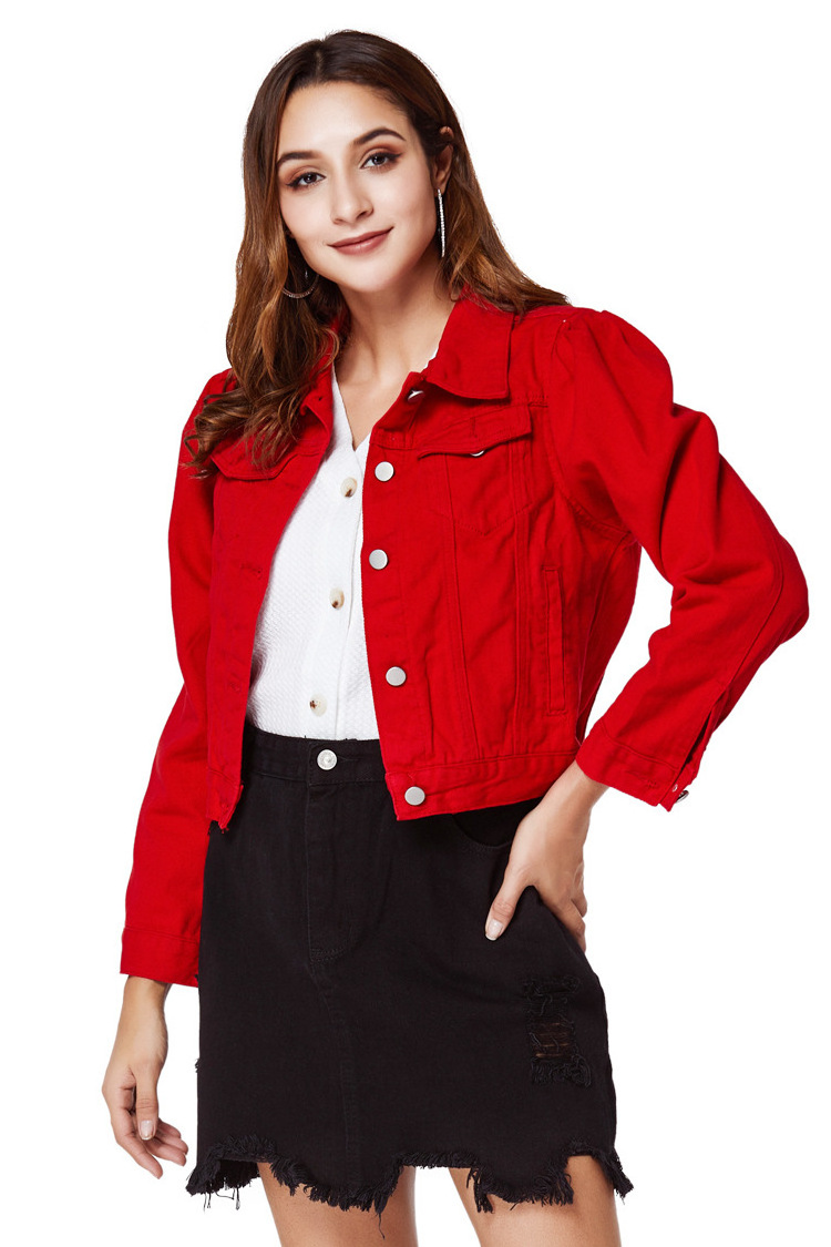 WH024  ODM OEM fashion lady jean jacket long sleeve women  denim jacket outwear coat red colored denim jacket women