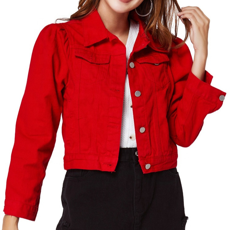 WH024  ODM OEM fashion lady jean jacket long sleeve women  denim jacket outwear coat red colored denim jacket women