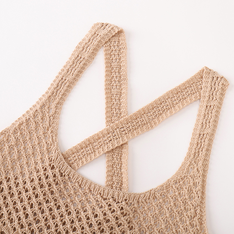 Knitwear manufacturers custom summer new khaki hollowed out sleeveless knit slim design sense women crochet sweater dress